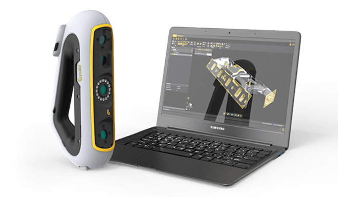 Сканер Peel 3.CAD вместе с результатом сканирования на экране ноутбука