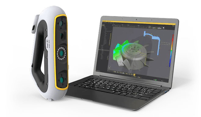 Сканер Peel3 Pro.CAD вместе с результатом сканирования на экране ноутбука